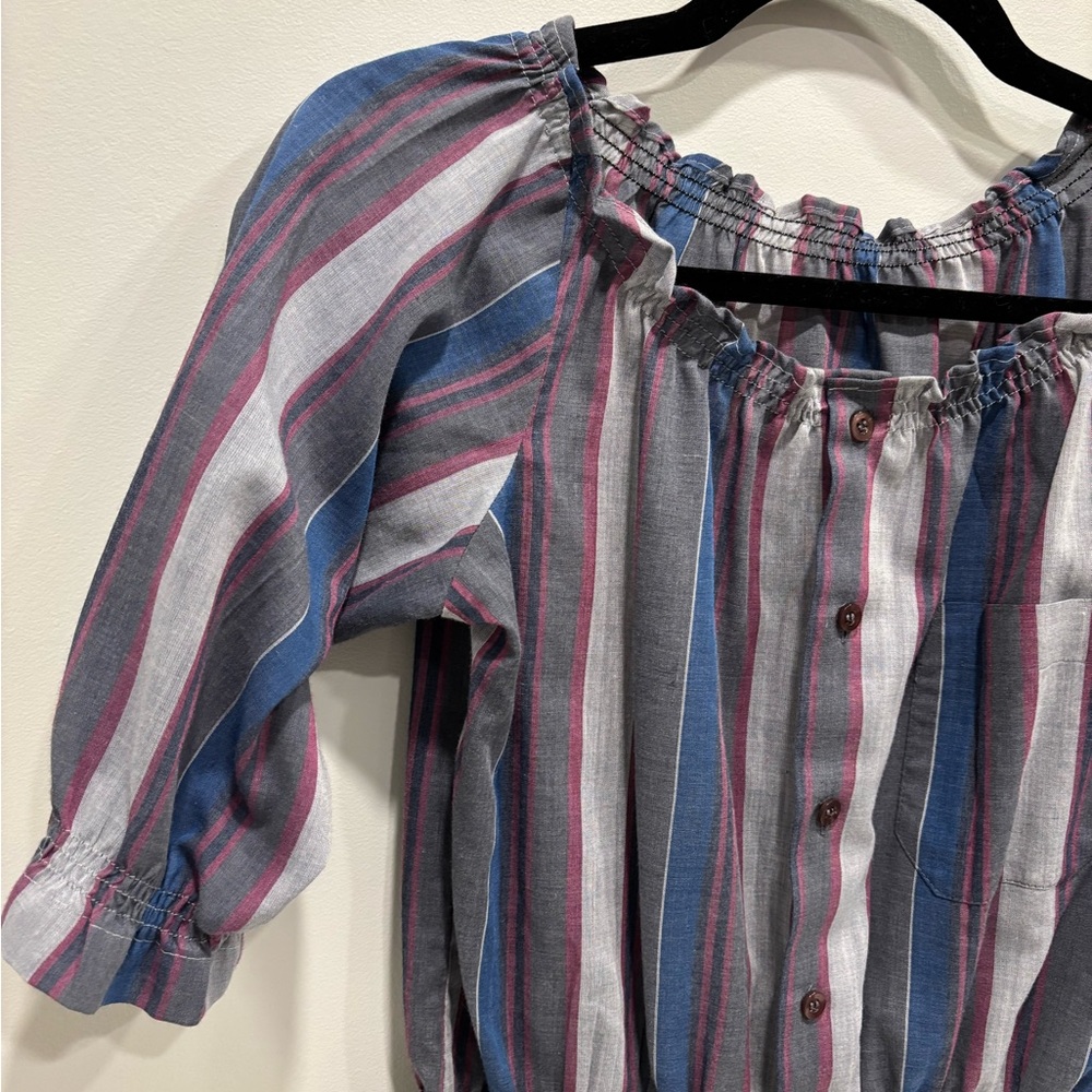 Striped Women's Blouse with Ruffle Neckline - Picture 6 of 13